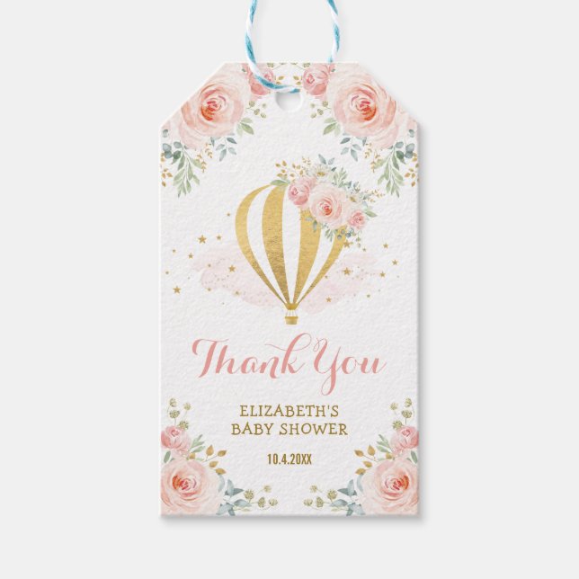 Étiquettes-cadeau Feminine Blush Gold Hot Air Balloon Party Favorise (Devant)