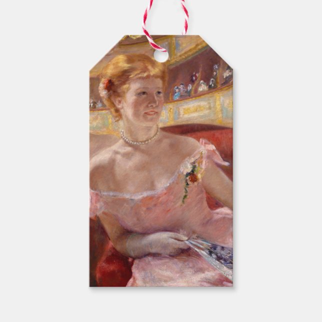 Étiquettes-cadeau Femme américaine avec collier perle et robe rose (Devant)