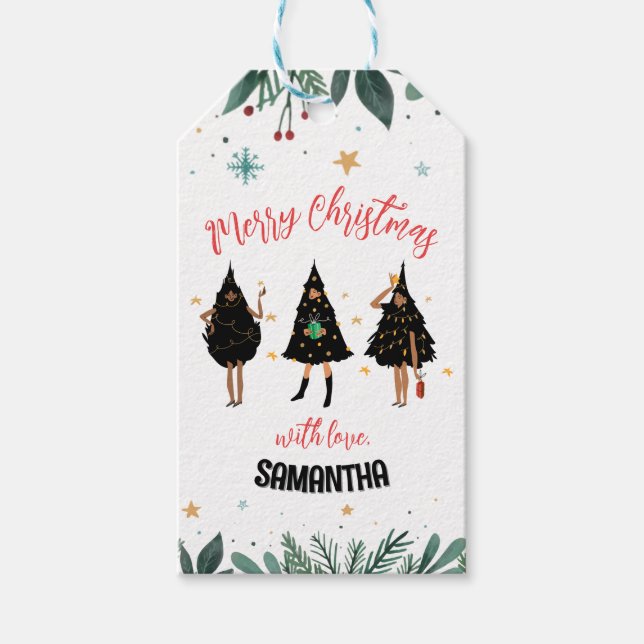 Étiquettes-cadeau Femmes habillées en sapin noir de Noël (Devant)