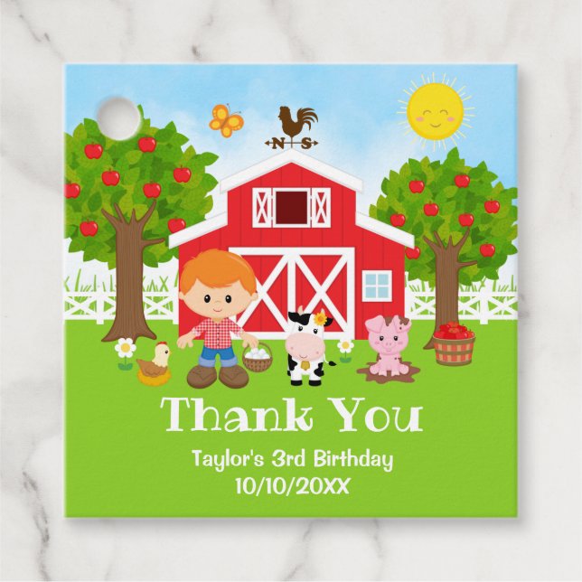 Étiquettes Cadeau Ferme Rouge Anniversaire Garçon aux Cheveux Rouges (Devant)