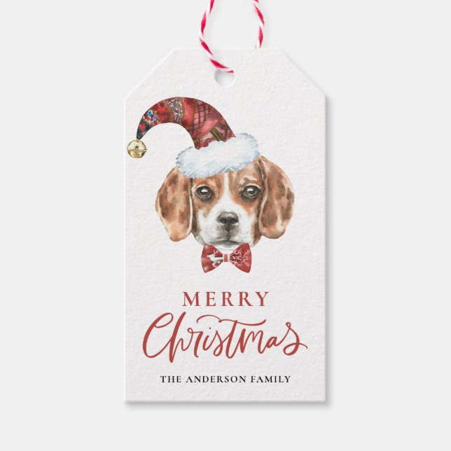 Étiquettes-cadeau Festif Beagle d'aquarelle Père Noël Joyeux Noël (Devant)