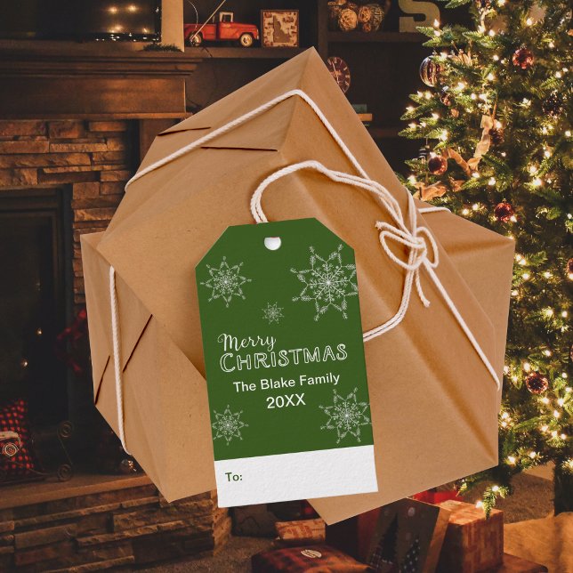Étiquettes-cadeau Festif Green Joyeux Noël Snowflakes (Créateur téléchargé)
