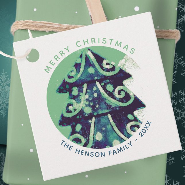 Étiquettes Cadeau Festif Green Noël Arbre Famille Vacances (Créateur téléchargé)