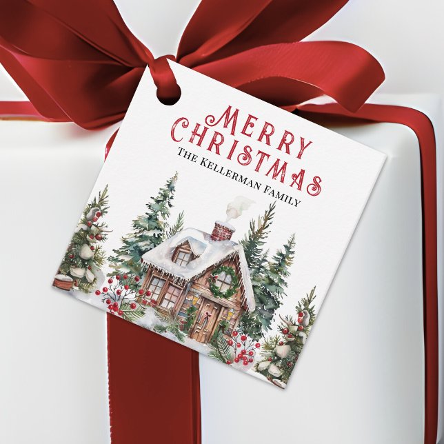 Étiquettes Cadeau Festif hiver Cabine aquarelle Noël (Festive Winter Cabin Watercolor Christmas Favor Tags)