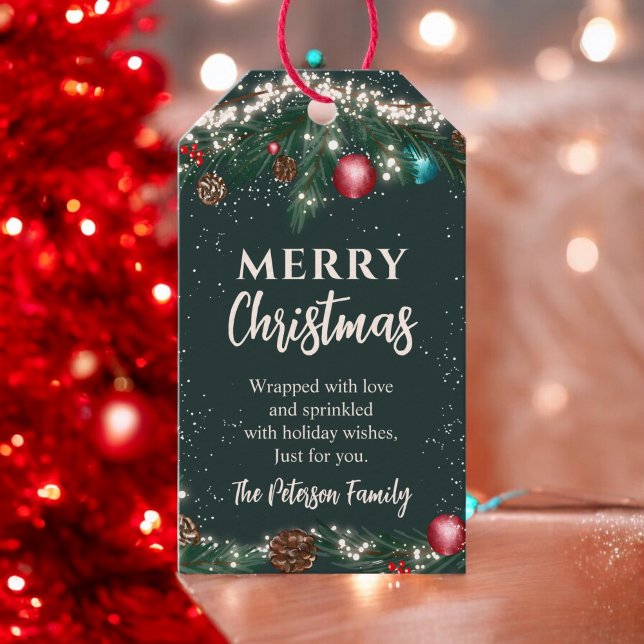 Étiquettes-cadeau Festif lumières de Noël branches de pin vert neige (Festive Christmas lights pine branches snow green Gift Tags)