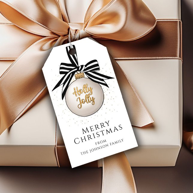 Étiquettes-cadeau Festif noir blanc Bauble de Noël (Merry Christmas Bauble Black White Gift Tags)