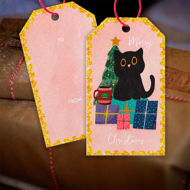 Étiquettes-cadeau Festif Pink Black Cat Café Noël (Front and Back)