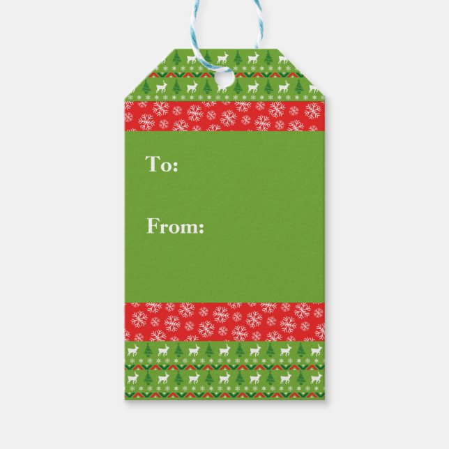 Étiquettes-cadeau Festif Rennes vertes et rouges et flocons de neige (Devant)