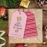 Étiquettes-cadeau Festin Funny Pun Elf rose Rouge rayure Noël<br><div class="desc">Cette étiquette-cadeau minimaliste "Croyez en votre elfe" comporte un casquette de Noël dessiné à la main sur le devant et une bande rose et rouge rétro sur le dos qui ajoutent une touche de fantaisie nostalgique. Art original de Malissa Melrose.</div>