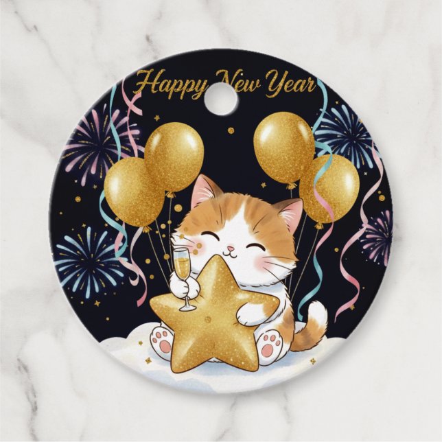Étiquettes Cadeau Festive Calico Cat Celebrating New Year with Firew (Devant)