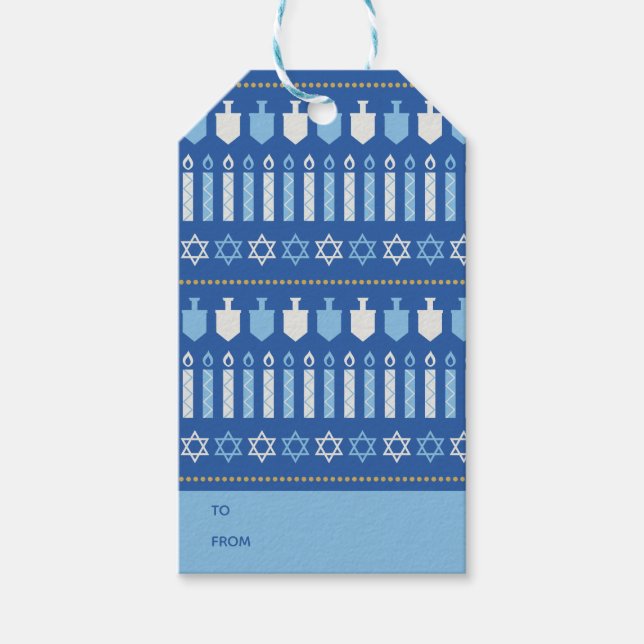 Étiquettes-cadeau Festive Dreidel Icons Hanoukka Holiday Blue Gold (Devant)