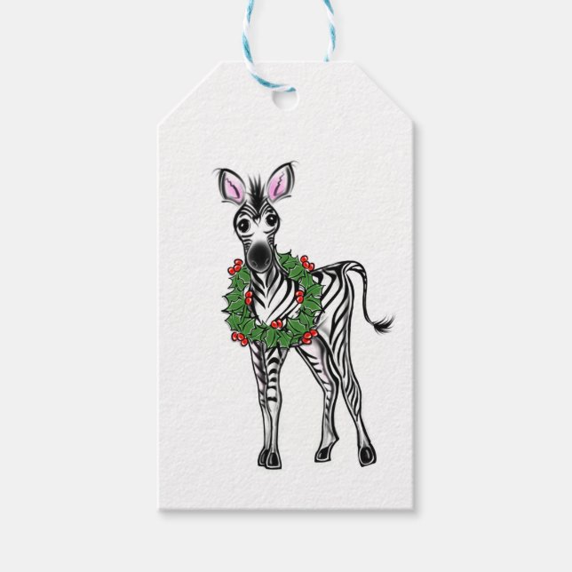 Étiquettes-cadeau Festive Fête Zebra illustration, Holly wreath (Devant)