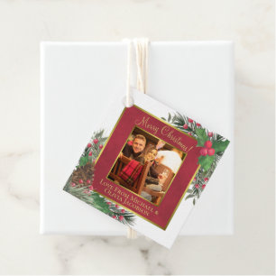 Étiquettes Cadeau Festive Holly & Pine avec photo Joyeux Noël