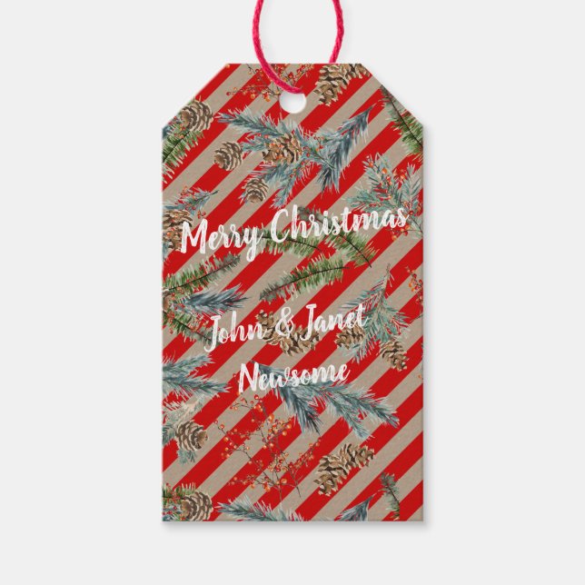 Étiquettes-cadeau Festive Red Stripe Pine Spruce Cones Kraft Holiday (Devant)
