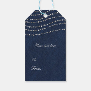 Étiquettes-cadeau Fête à paillettes en denim bleu et diamants