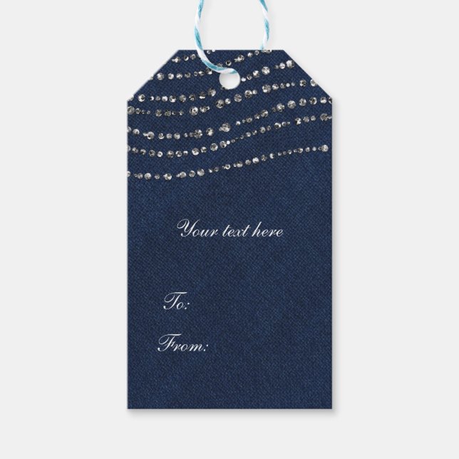 Étiquettes-cadeau Fête à paillettes en denim bleu et diamants (Devant)
