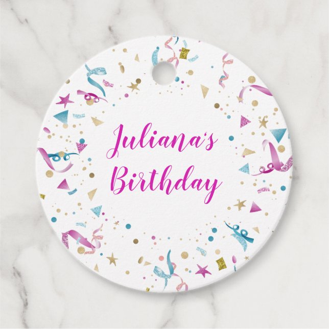 Étiquettes Cadeau Fête Confetti rose et bleu étincelle Anniversaire (Devant)