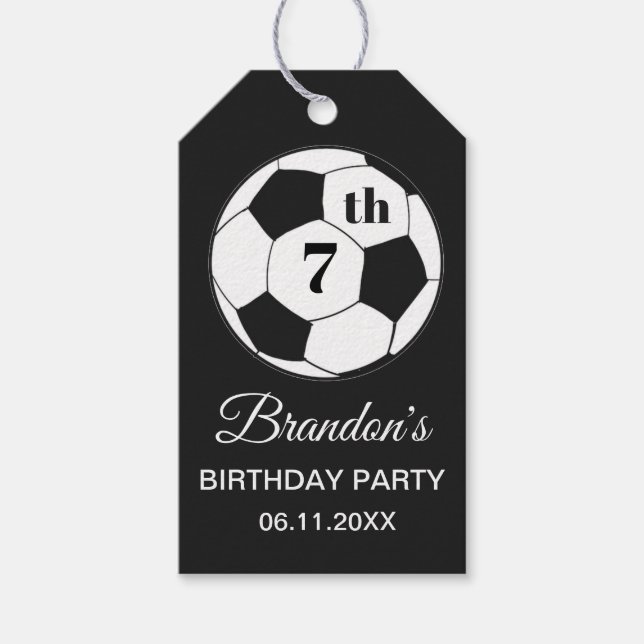 Étiquettes-cadeau Fête d'anniversaire 7 ans Football Noir Garçons Sp (Devant)