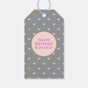 Étiquettes-cadeau Fête d'anniversaire cœurs gris rose et or rose