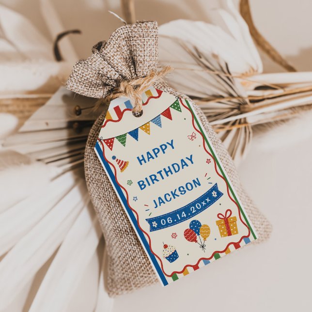 Étiquettes-cadeau Fête d'anniversaire colorée primaire (Créateur téléchargé)