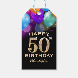 Étiquettes-cadeau Fête d'anniversaire de 50 ans Ballons noirs et dor