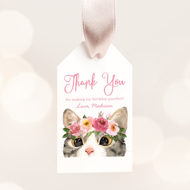 Étiquettes-cadeau Fête d'anniversaire de chat à l'aquarelle douce (Créateur téléchargé)