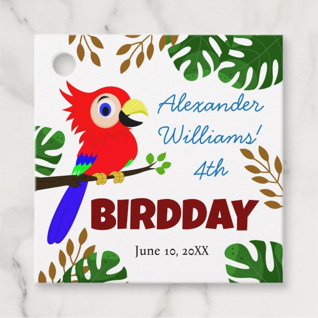 Étiquettes Cadeau Fête d'anniversaire de la mignonne Jungle Parrot (Devant)