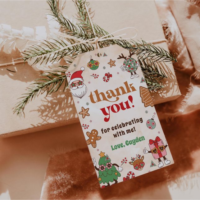 Étiquettes-cadeau Fête d'anniversaire de Noël rétro pour le premier  (Créateur téléchargé)