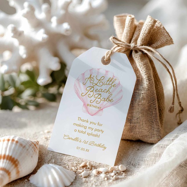 Étiquettes-cadeau Fête d'anniversaire de petite fille rose plage (Minimal Ocean Girl First Birthday Favor Tag)