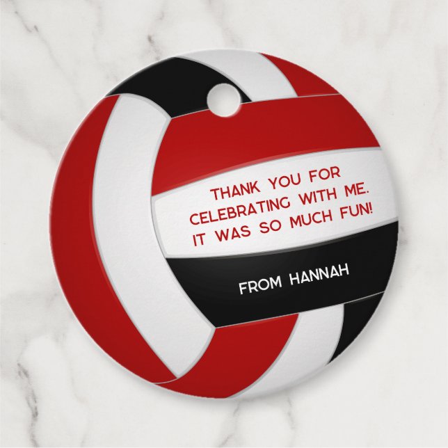 Étiquettes Cadeau fête d'anniversaire de volley-ball noir rouge enfa (Devant)