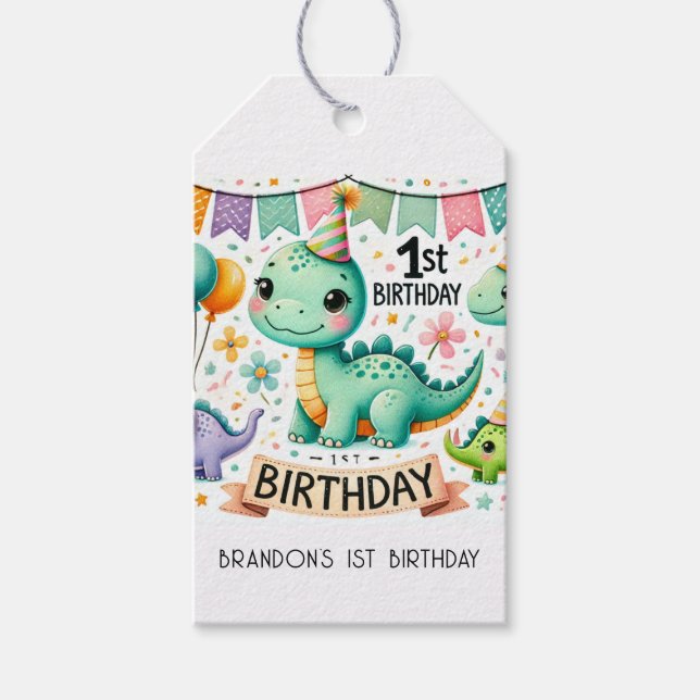 Étiquettes-cadeau Fête d'anniversaire des 1 an de Dinosaur Dino (Devant)