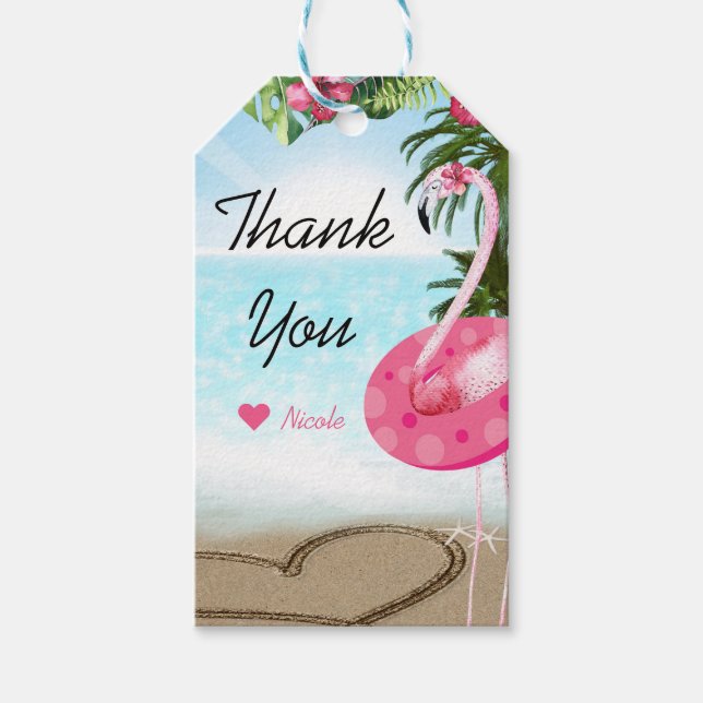 Étiquettes-cadeau Fête d'anniversaire d'été de plage de flamant rose (Devant)