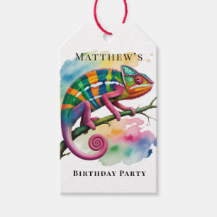 Étiquettes-cadeau Fête d'anniversaire du caméléon aquarelle coloré
