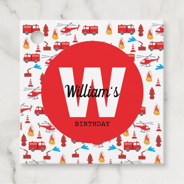 Étiquettes Cadeau Fête d'anniversaire du moteur de camion de pompier (Devant)