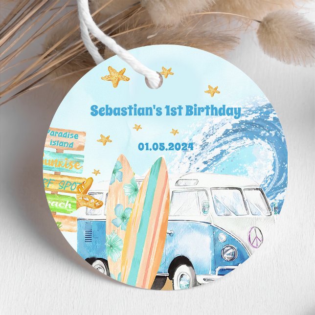 Étiquettes Cadeau Fête d'anniversaire du surf de plage (Créateur téléchargé)