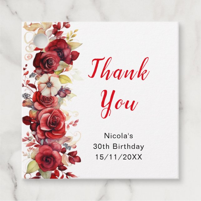 Étiquettes Cadeau Fête d'anniversaire florale aux roses rouges roman (Devant)