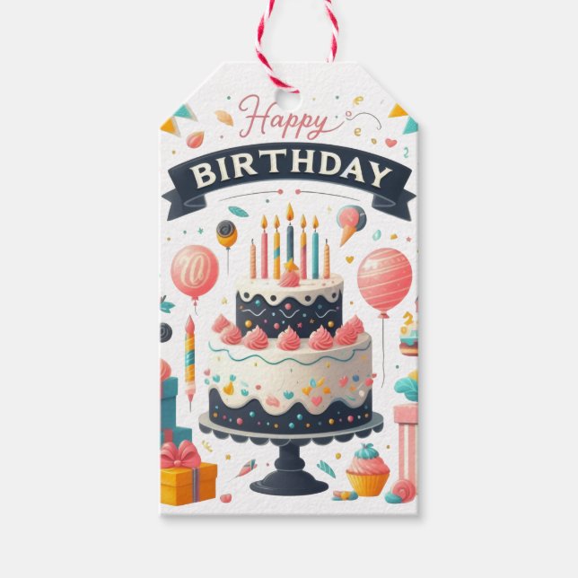Étiquettes-cadeau Fête d'anniversaire gaie Gâteau et ballons (Devant)
