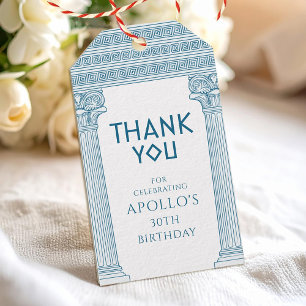 Étiquettes-cadeau Fête d'anniversaire grecque avec des colonnes bleu