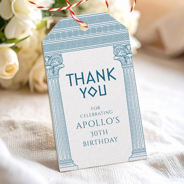 Étiquettes-cadeau Fête d'anniversaire grecque avec des colonnes bleu (Créateur téléchargé)