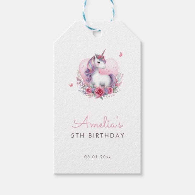 Étiquettes-cadeau Fête d'anniversaire magique Licorne Florale Aquare (Devant)