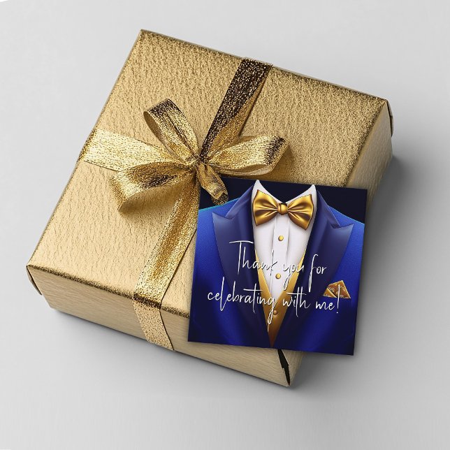 Étiquettes Cadeau Fête d'anniversaire Mens Royal Blue Gold (Royal blue and gold favor gift tag with tuxedo. Add your text, logo, photo, etc., to personalize.)