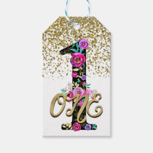 Étiquettes-cadeau Fête d'anniversaire ONE 1 an pailleté or floral no