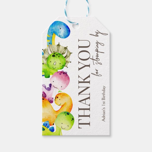 Étiquettes-cadeau Fête d'anniversaire personnalisée avec dinosaures  (Devant)