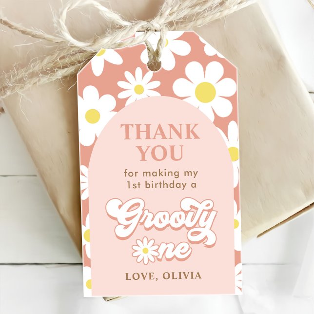 Étiquettes-cadeau Fête d'anniversaire rétro bohème Groovy One Daisy  (Créateur téléchargé)