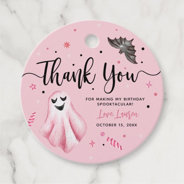 Étiquettes Cadeau Fête d'anniversaire rose d'Halloween éffrayant (Devant)