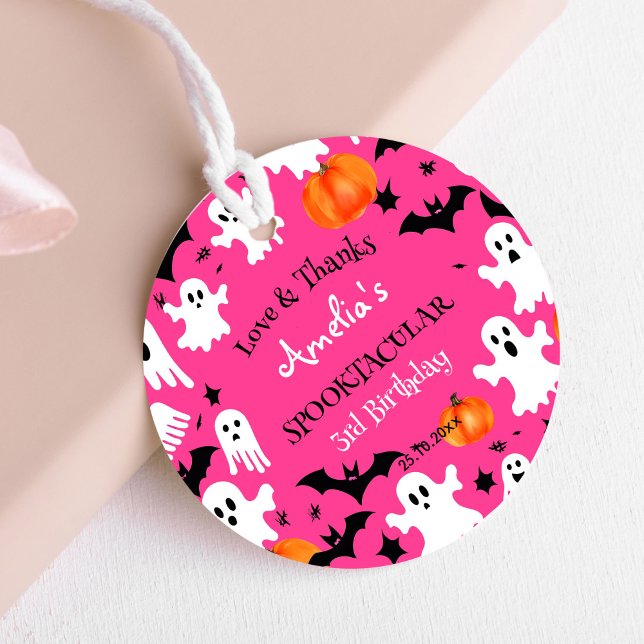 Étiquettes Cadeau Fête d'anniversaire rose éffrayant Halloween (Pink Halloween birthday party favor gift tags Halloween thank you gift tags cute ghosts bats pumpkin)