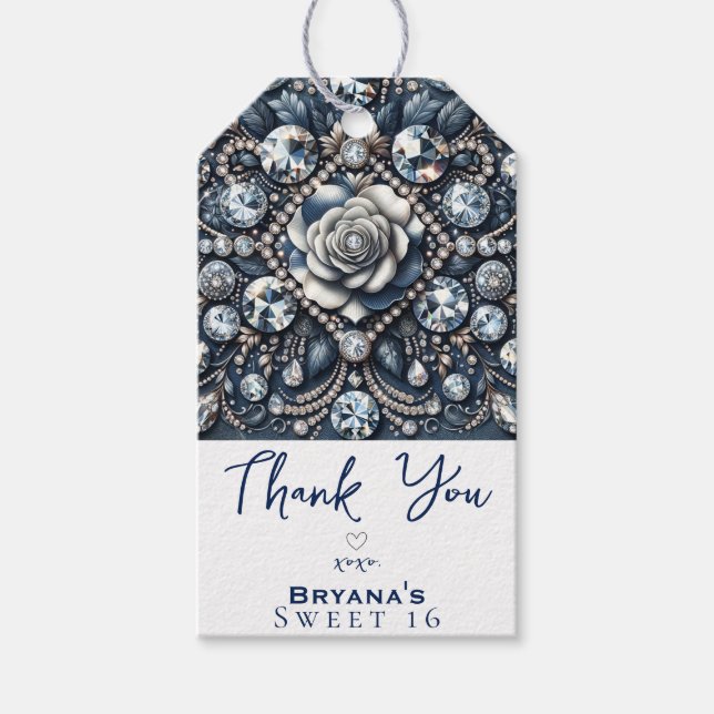 Étiquettes-cadeau Fête d'anniversaire Rose Glam Bling Denim & Diaman (Devant)