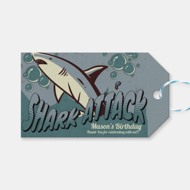 Étiquettes-cadeau Fête d'anniversaire sur le thème du requin rétro  (Devant (Horizontal))