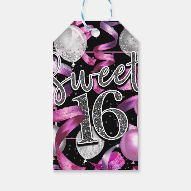 Étiquettes-cadeau Fête d'anniversaire Sweet 16 pailletée argent et r (Devant)