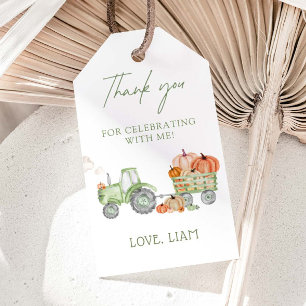 Étiquettes-cadeau Fête d'anniversaire tracteur vert & citrouilles